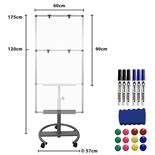 Aufun flipchart con rollos pizarra blanca 90x60 cm con estante pie circular, regulable en altura, tablero magnético y descriptivo, tablero de moderación Moderation wall Magnette board(Shark Premium)