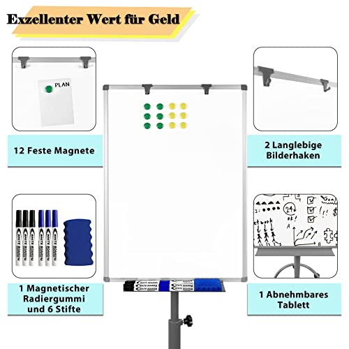 Aufun flipchart con rollos pizarra blanca 90x60 cm con estante pie circular, regulable en altura, tablero magnético y descriptivo, tablero de moderación Moderation wall Magnette board(Shark Premium)