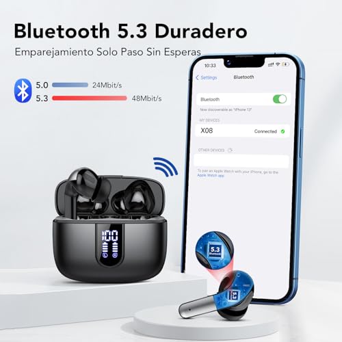 Auriculares Inalámbricos Bluetooth, Auriculares Bluetooth 5.3, 4 Mic con Reducción de Ruido ENC, 50H con Graves, Cascos Inalambricos Bluetooth IPX7 Impermeable, Carga Rápida USB-C, Ajuste Cómodo