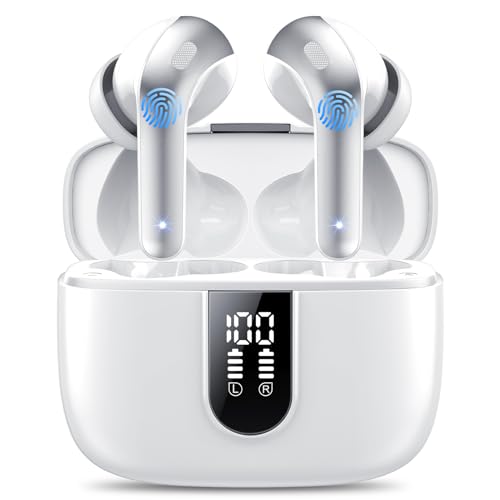 Auriculares Inalámbricos Bluetooth, Auriculares Bluetooth 5.3 con 4 HD Mic HiFi Estéreo, Reducción de Ruido Auriculares,14.2 mm Controlador dinámico, IPX7 Impermeable 50H Cascos Inalambricos Blanco