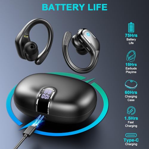 Auriculares Inalambricos Deportivos, 2023 Auriculares Bluetooth 5.3 con 4 HD Micro y Cancelacion Ruido ENC, 75H Cascos Inalambricos Bluetooth, IP7 Impermeable, Auriculares in Ear Tipo C/Running, Negro