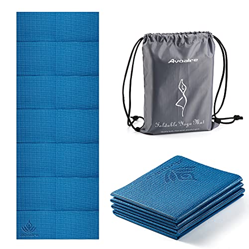 Avoalre Esterilla de Yoga Antideslizante Plegable, Colchoneta de Yoga PVC Antideslizante 5MM de Grosor Fácil de Doblar para Fitness Yoga Ejercicio Pilates Deportes, 173x61CM, Azul