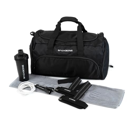 BACKBONE TRAINING Kit Gimnasio Gym Ready Contiene Bolsa Duffle Funcional, Toalla de algodón, Straps Powerlifting Bodybuilding, Comba para Saltar y Botella mezcladora