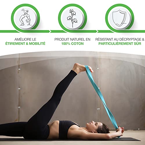 BACKLAxx ® Cinturón Yoga – Cinta correa algodon sostenible de 250 cm de longitud con práctico cierre metálico – Ideal para Yoga, Pilates y Estiramientos incl. vídeos de aplicación – Yoga Cinturon