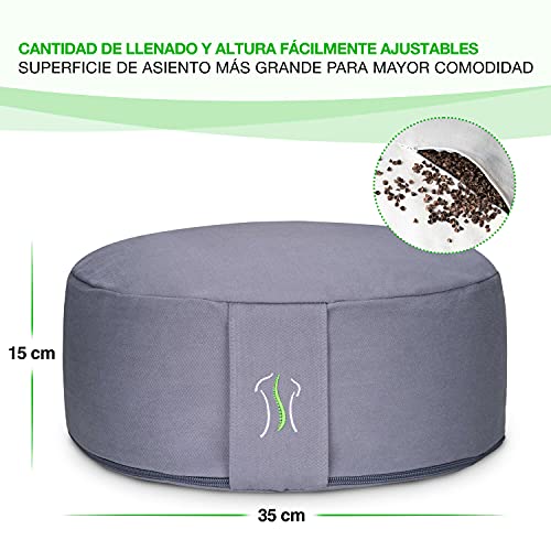 BACKLAxx ® Cojin meditación cojin yoga con relleno de trigo sarraceno – altura del asiento 15cm anchura del asiento 35cm – Cojin redondo – curso de vídeo – Cojines para yoga Cojin de yoga y meditacion