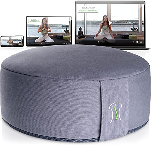 BACKLAxx ® Cojin meditación cojin yoga con relleno de trigo sarraceno – altura del asiento 15cm anchura del asiento 35cm – Cojin redondo – curso de vídeo – Cojines para yoga Cojin de yoga y meditacion