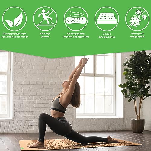 BACKLAxx ® Esterilla yoga de corcho con caucho natural – Esterilla yoga antideslizante libre de contaminantes con zonas antideslizantes – incl. correa de estera y videos de aplicación – Yoga mat