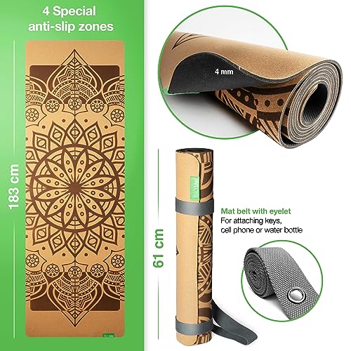 BACKLAxx ® Esterilla yoga de corcho con caucho natural – Esterilla yoga antideslizante libre de contaminantes con zonas antideslizantes – incl. correa de estera y videos de aplicación – Yoga mat