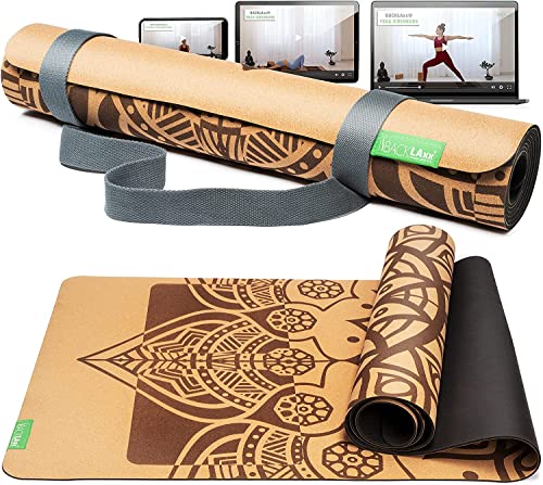 BACKLAxx ® Esterilla yoga de corcho con caucho natural – Esterilla yoga antideslizante libre de contaminantes con zonas antideslizantes – incl. correa de estera y videos de aplicación – Yoga mat