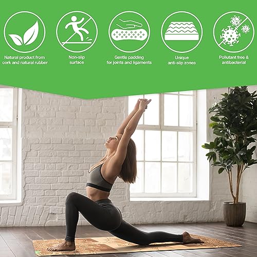 BACKLAxx ® Esterilla yoga de corcho con caucho natural – Esterilla yoga antideslizante libre de contaminantes con zonas antideslizantes – incl. correa de estera y videos de aplicación – Yoga mat