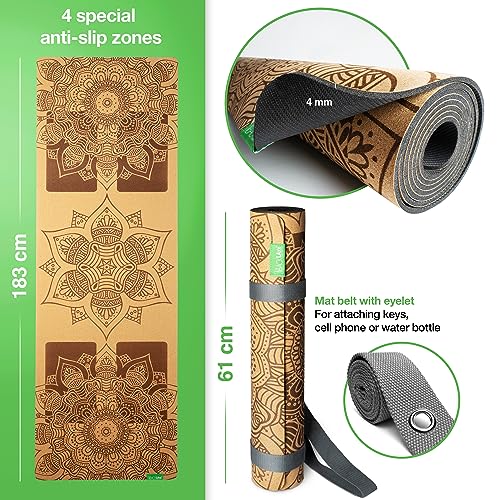 BACKLAxx ® Esterilla yoga de corcho con caucho natural – Esterilla yoga antideslizante libre de contaminantes con zonas antideslizantes – incl. correa de estera y videos de aplicación – Yoga mat