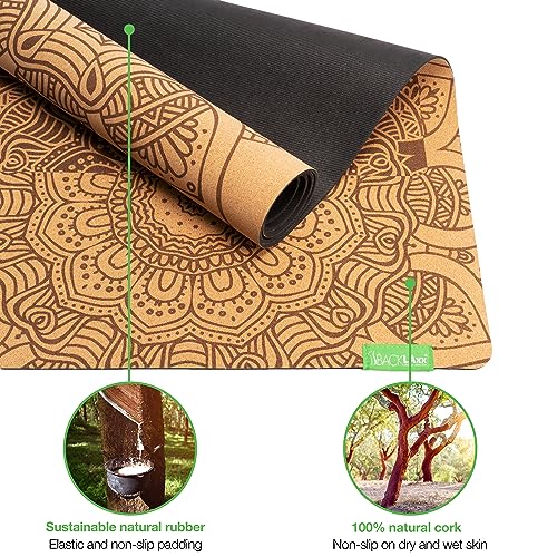 BACKLAxx ® Esterilla yoga de corcho con caucho natural – Esterilla yoga antideslizante libre de contaminantes con zonas antideslizantes – incl. correa de estera y videos de aplicación – Yoga mat