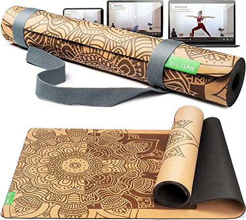 BACKLAxx ® Esterilla yoga de corcho con caucho natural – Esterilla yoga antideslizante libre de contaminantes con zonas antideslizantes – incl. correa de estera y videos de aplicación – Yoga mat