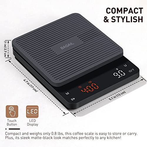 BAGAIL Báscula de Café Digital con Temporizador, 0.1 g de Alta Precisión, Báscula de Espresso por Goteo con Tara Automática, Sensor Táctil y Cubierta de Silicona, Peso Máximo 3kg, Negro Mate