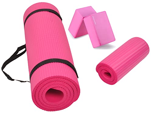 BalanceFrom GoYoga+ - Esterilla de yoga multiusos de 1/2 pulgada extra gruesa de alta densidad antidesgarro y rodillera con correa de transporte, color rosa