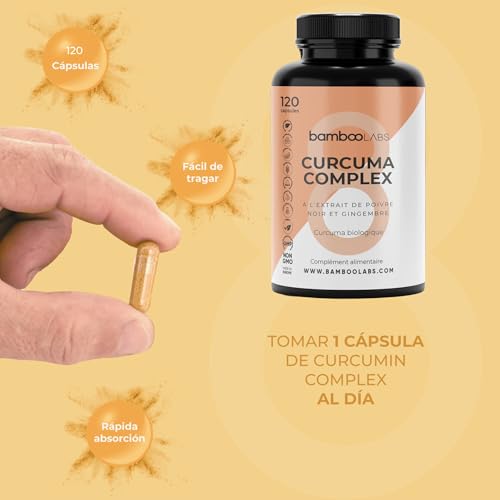 Bamboo Labs - Curcuma con Jengibre y Pimienta Negra 5000mg por Cápsula, 120 Capsulas, Fórmula Avanzada con Curcuminoides, Polvo de Turmeric Original de la India, Certificación Ecológica