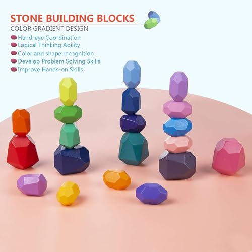 Banaone Bloques Equilibrio Madera, 20 Piezas Piedras Apilables Piedras de Equilibrio para Niño Niñas, Montessori Bloques de Construcción Educación Conjunto Y Apilamiento de Piedras Juego