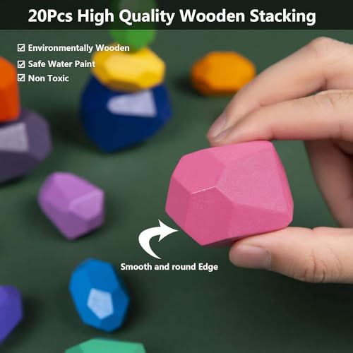 Banaone Bloques Equilibrio Madera, 20 Piezas Piedras Apilables Piedras de Equilibrio para Niño Niñas, Montessori Bloques de Construcción Educación Conjunto Y Apilamiento de Piedras Juego