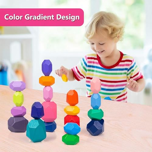 Banaone Bloques Equilibrio Madera, 20 Piezas Piedras Apilables Piedras de Equilibrio para Niño Niñas, Montessori Bloques de Construcción Educación Conjunto Y Apilamiento de Piedras Juego