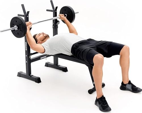 Banca de Press de Banca Zipro Core: Banco de Fitness con Ajuste de Soportes de Pesas, Plegable Bench Press con Agarres para Flexiones, Capacidad Total de 230kg, Estación de Entrenamiento sin Barra