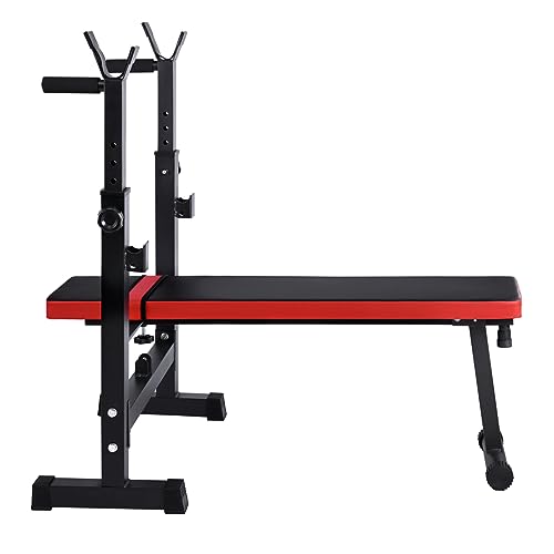 Banco de Pesas Negro y Rojo, Gimnasio, Press de banca. Pecho, triceps. Musculación Plegable Ajustable con Soporte de Barras para Mancuernas Dips, Gimnasio en Casa