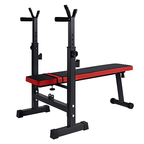 Banco de Pesas Negro y Rojo, Gimnasio, Press de banca. Pecho, triceps. Musculación Plegable Ajustable con Soporte de Barras para Mancuernas Dips, Gimnasio en Casa