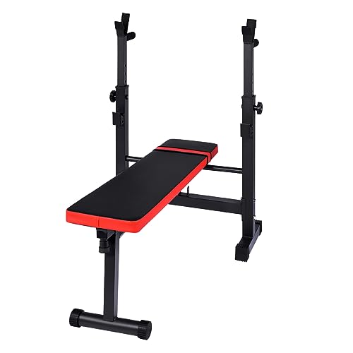 Banco de Pesas Negro y Rojo, Gimnasio, Press de banca. Pecho, triceps. Musculación Plegable Ajustable con Soporte de Barras para Mancuernas Dips, Gimnasio en Casa