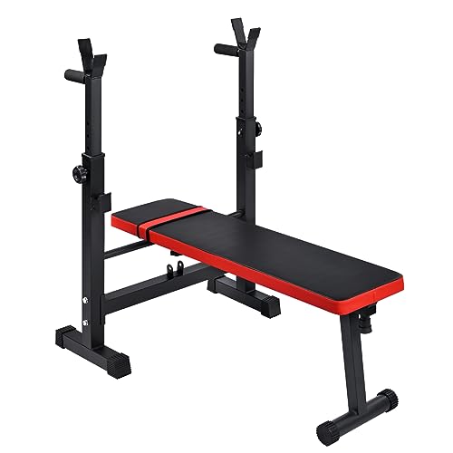 Banco de Pesas Negro y Rojo, Gimnasio, Press de banca. Pecho, triceps. Musculación Plegable Ajustable con Soporte de Barras para Mancuernas Dips, Gimnasio en Casa