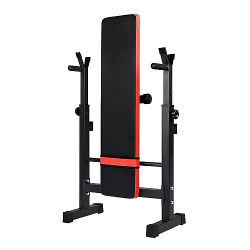 Banco de Pesas Negro y Rojo, Gimnasio, Press de banca. Pecho, triceps. Musculación Plegable Ajustable con Soporte de Barras para Mancuernas Dips, Gimnasio en Casa