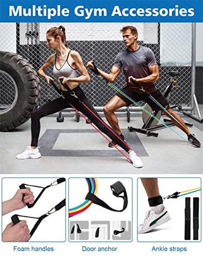 Bandas de Resistencia Fitness Goma elásticas - 5 Bandas Elásticas Musculación con Tobilleras y Agarre para Puerta, Manijas, Bolsa de Transporte para Yoga, Pilates, Estiramientos, Gimnasio en Casa