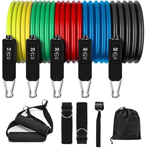 Bandas de Resistencia Fitness Goma elásticas - 5 Bandas Elásticas Musculación con Tobilleras y Agarre para Puerta, Manijas, Bolsa de Transporte para Yoga, Pilates, Estiramientos, Gimnasio en Casa