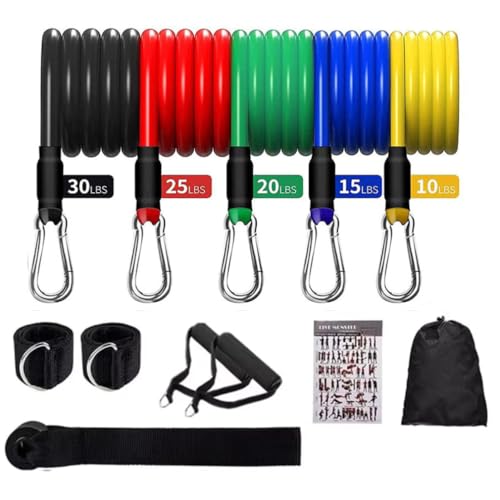 Bandas de Resistencia para Fitness Yoga Calistenia Pilates Crossfit RTX Resistance Bands Gym Set Completo con 11 Piezas Incluido Bolsa Accesorios Entrenamiento en Casa Multifunción Kit 100-150 LBS