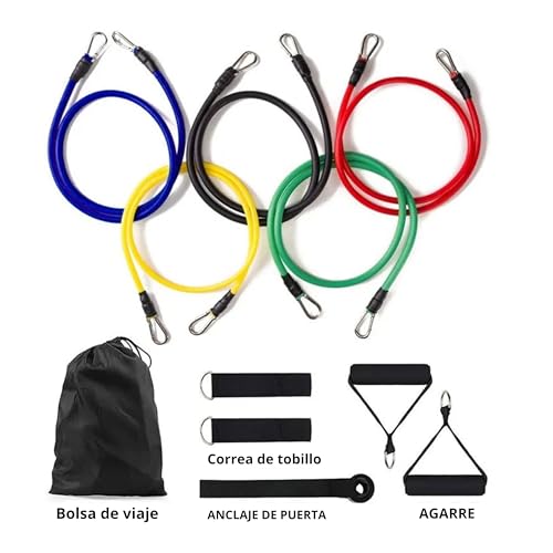 Bandas de Resistencia para Fitness Yoga Calistenia Pilates Crossfit RTX Resistance Bands Gym Set Completo con 11 Piezas Incluido Bolsa Accesorios Entrenamiento en Casa Multifunción Kit 100-150 LBS