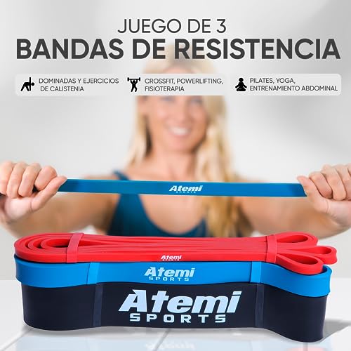 Bandas Elásticas Set de 3 | Juego de Bandas de Resistencia para Dominadas, Calistenia, CrossFit y Musculacion | Gomas Elásticas Largas para Entrenamiento en Casa o Gimnasio