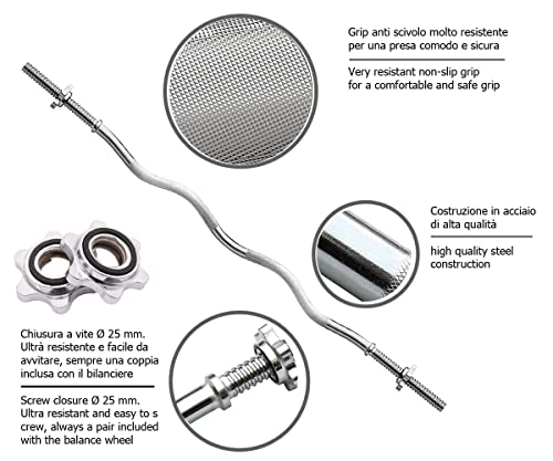 Barra CURL cromada 120 cm | Cierre de rosca | Ø Carga Barra : 25 mm | Carga máxima: 130 kg