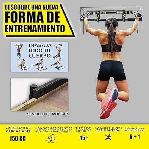 Barra de dominadas multifuncional sujeta marco de la puerta, Multiples agarres para realizar varios ejercicios (dominadas, flexiones, espalda, triceps), Gimnasio en casa.