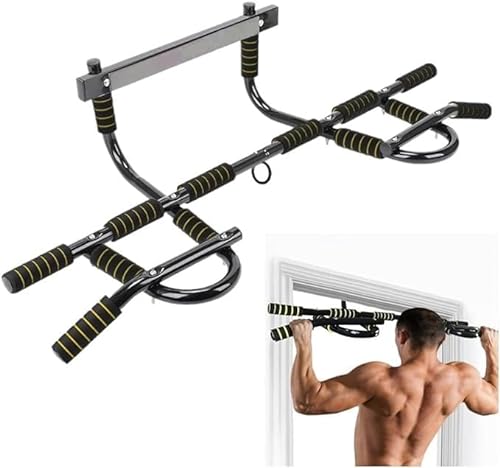 Barra de dominadas multifuncional sujeta marco de la puerta, Multiples agarres para realizar varios ejercicios (dominadas, flexiones, espalda, triceps), Gimnasio en casa.