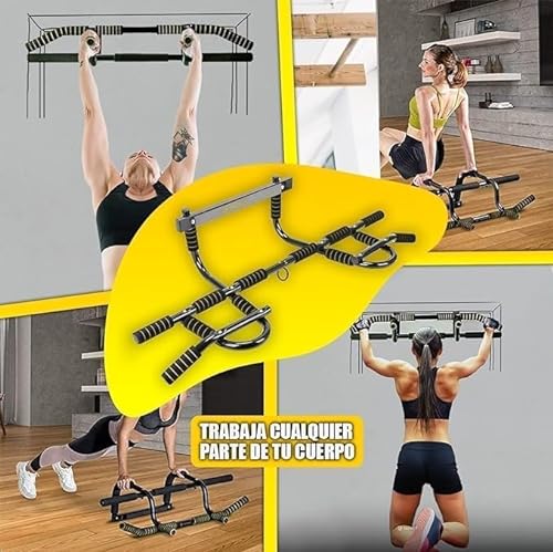 Barra de dominadas multifuncional sujeta marco de la puerta, Multiples agarres para realizar varios ejercicios (dominadas, flexiones, espalda, triceps), Gimnasio en casa.