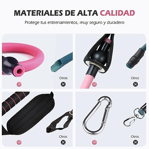 Barra de Pilates, ALongSong Barra Pilates Hecha de Hierro con 6 Bandas de Resistencia de Tubo de Látex Natural(20-240lbs), Gomas Elasticas Musculacion para Gimnasio En Casa, Navidad