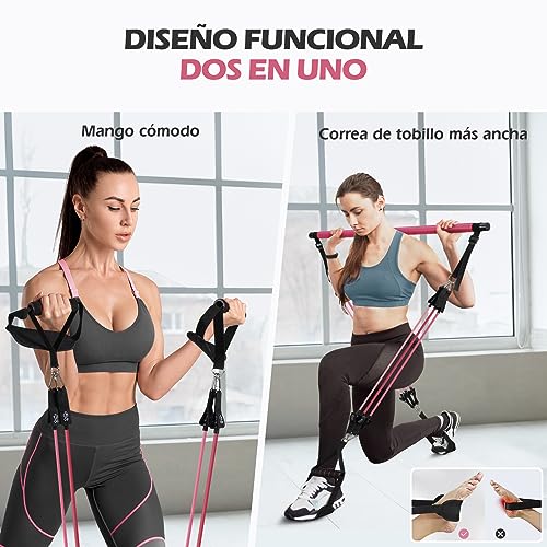 Barra de Pilates, ALongSong Barra Pilates Hecha de Hierro con 6 Bandas de Resistencia de Tubo de Látex Natural(20-240lbs), Gomas Elasticas Musculacion para Gimnasio En Casa, Navidad