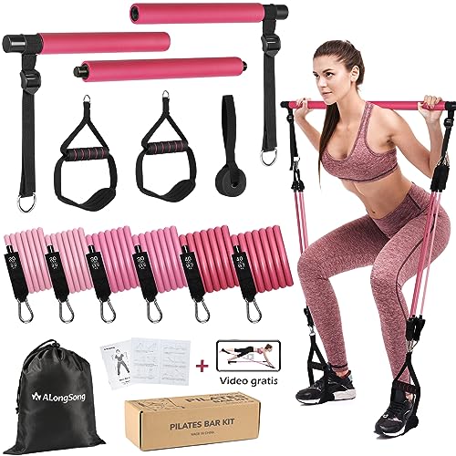 Barra de Pilates, ALongSong Barra Pilates Hecha de Hierro con 6 Bandas de Resistencia de Tubo de Látex Natural(20-240lbs), Gomas Elasticas Musculacion para Gimnasio En Casa, Navidad