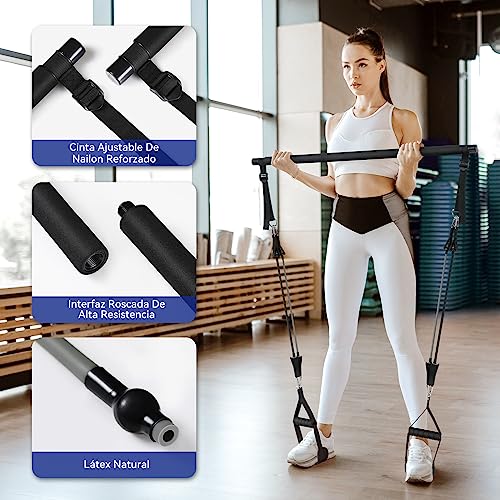 Barra de Pilates, ALongSong Barra Pilates Hecha de Hierro con 6 Bandas de Resistencia de Tubo de Látex Natural(20-240lbs), Gomas Elasticas Musculacion para Gimnasio En Casa, Navidad