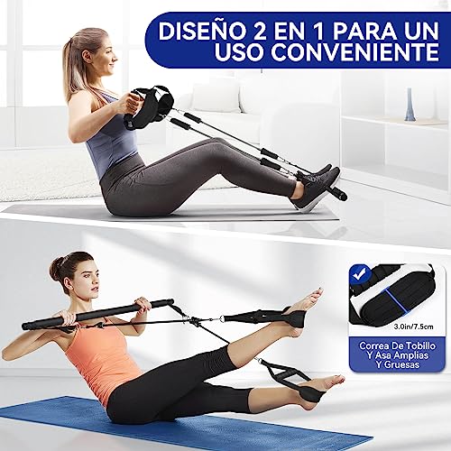 Barra de Pilates, ALongSong Barra Pilates Hecha de Hierro con 6 Bandas de Resistencia de Tubo de Látex Natural(20-240lbs), Gomas Elasticas Musculacion para Gimnasio En Casa, Navidad