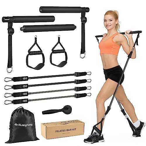 Barra de Pilates, ALongSong Barra Pilates Hecha de Hierro con 6 Bandas de Resistencia de Tubo de Látex Natural(20-240lbs), Gomas Elasticas Musculacion para Gimnasio En Casa, Navidad