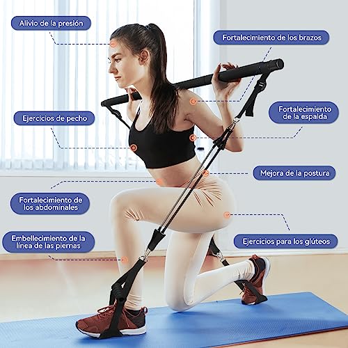 Barra de Pilates, ALongSong Barra Pilates Hecha de Hierro con 6 Bandas de Resistencia de Tubo de Látex Natural(20-240lbs), Gomas Elasticas Musculacion para Gimnasio En Casa, Navidad