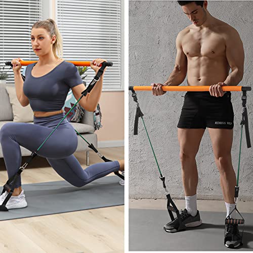 Barra de Pilates, Hommie Barra de Resistencia Ajustables y Removibles con 6 Bandas Resistencia 20/30/40lbs y Vídeo Instructivo, Barra Pilates para Fitness en Casa para Hombre y Mujer