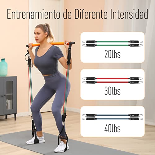 Barra de Pilates, Hommie Barra de Resistencia Ajustables y Removibles con 6 Bandas Resistencia 20/30/40lbs y Vídeo Instructivo, Barra Pilates para Fitness en Casa para Hombre y Mujer