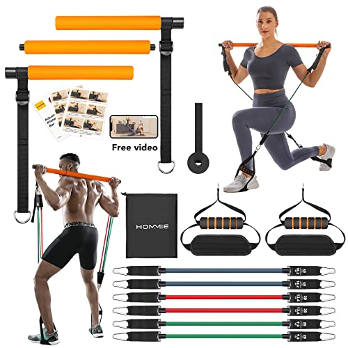 Barra de Pilates, Hommie Barra de Resistencia Ajustables y Removibles con 6 Bandas Resistencia 20/30/40lbs y Vídeo Instructivo, Barra Pilates para Fitness en Casa para Hombre y Mujer