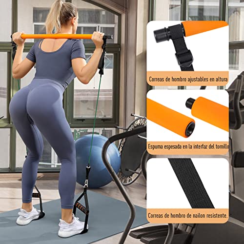 Barra de Pilates, Hommie Barra de Resistencia Ajustables y Removibles con 6 Bandas Resistencia 20/30/40lbs y Vídeo Instructivo, Barra Pilates para Fitness en Casa para Hombre y Mujer