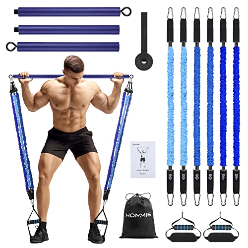 Barra de Pilates, Hommie Pilates Bar de Dos Longitud y con Banda Elástica de Tela de Latex Natural 20/40/60lbs, Barra Pilates para Fitness en Casa, Gimnasio en Casa, Entrenamiento Fuerza, Yoga, etc